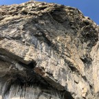 Climber in the 7b+ pitch of Sigi's fated route