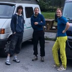 Sigi, Richard and Bernhard in front of the Trollveggen and the summit of the Trollryggen