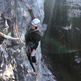 Sigi struggles to free climb the pitch (Photo: Caro)