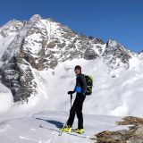 Sigi on the summit ridge in front of the Schrammacher north face (Photo: Richard)