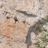 Sigi traversing to the belay after the overhanging dihedral