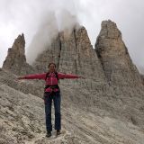 Barbara in front of the Vajolet Towers on the way down to the Rifugio Vajolet