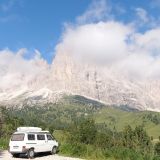 ... while Barbara enjoys a coffee in Elmo with view of the Langkofel Group